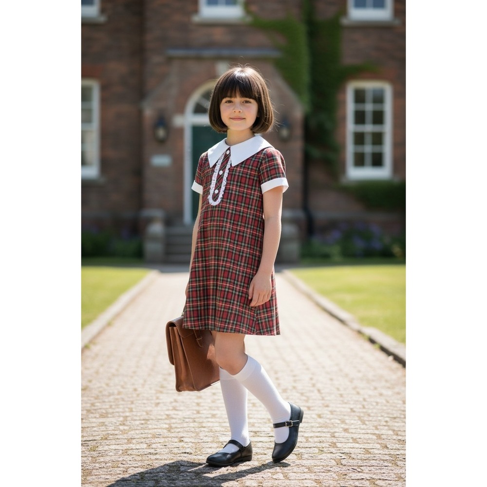 Cinderella Vintage 60s Plaid Dagger Collar Mod Shift Dress‎ Girls 10 Red Green
